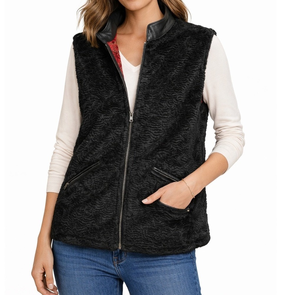 Chicos Black Faux Fur Leather Trim Zip Vest Red Brocade‎ Lining Women's Size 3